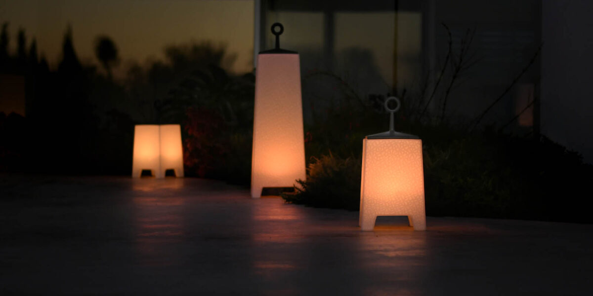 Contemporary MORA outdoor lamp by Vondom offering sculptural design and subtle illumination