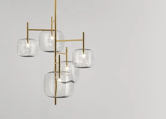 Modern Italian LED table lamp Hyperion by Tonelli Design, featuring a transparent Pyrex® glass cube diffuser and polished chrome base, available in Royal Oak, Michigan.