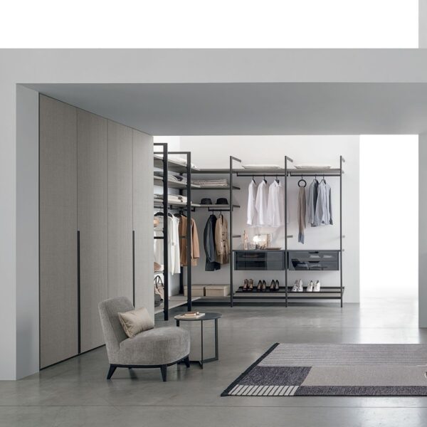 “Liberty Walk-in wardrobe by Tomasella – modern Italian open closet with modular shelves and vertical panels”