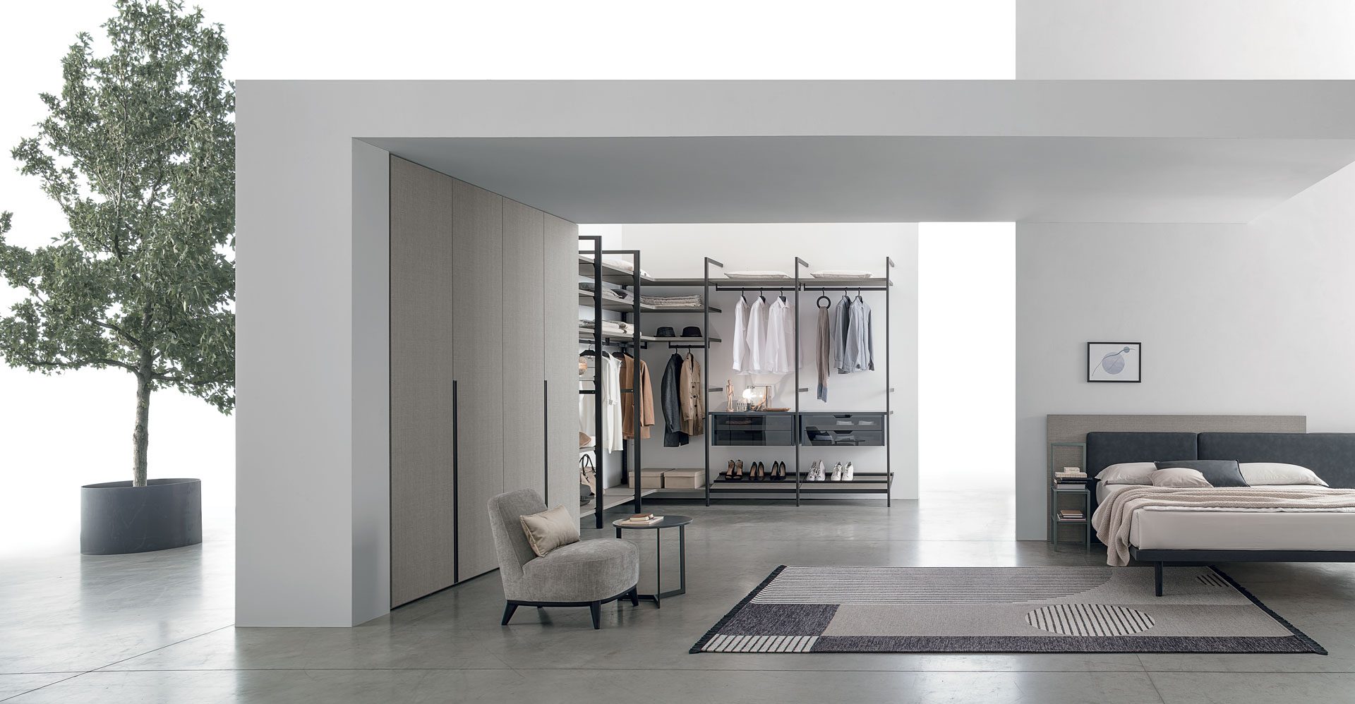 “Liberty Walk-in wardrobe by Tomasella – modern Italian open closet with modular shelves and vertical panels”