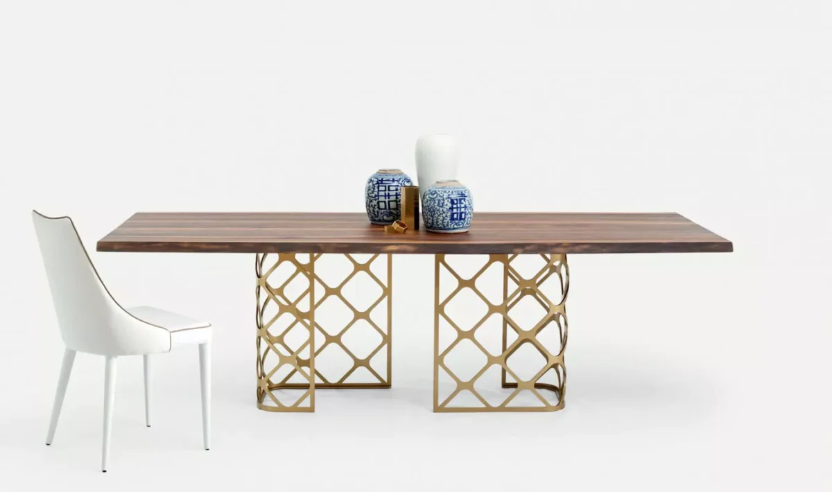 Elegant Majesty extendable barrel‑shape table (170→210→250 cm) with glossy dove‑grey glass and white lacquered perforated columns.