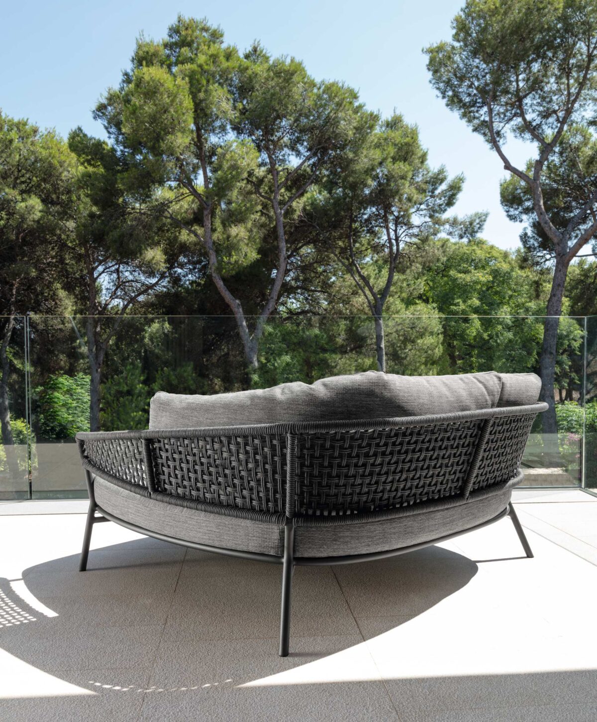 Moon//Alu Two-seater Sofa by Talenti, offering a stylish and durable design that combines contemporary aluminum with luxurious rope detailing.
