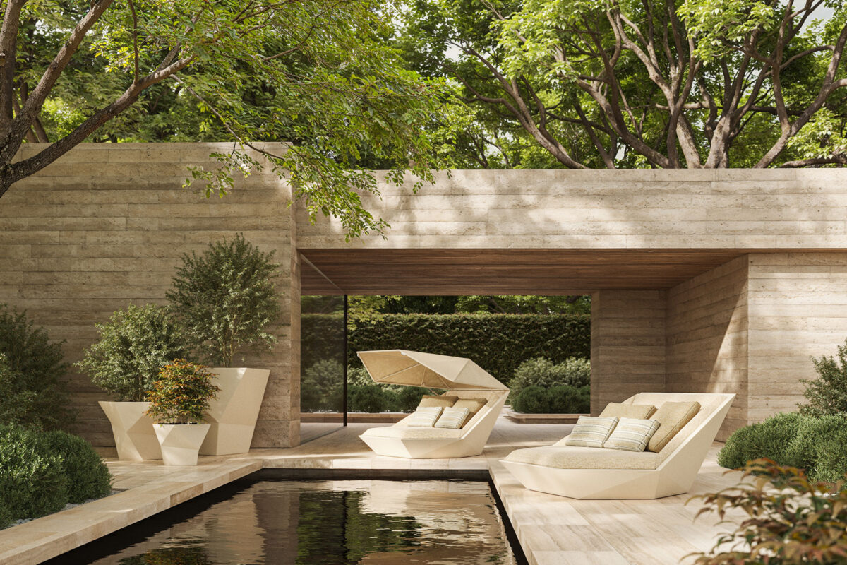 Contemporary outdoor FAZ Daybed by Vondom with wrap-around form and integrated backrest