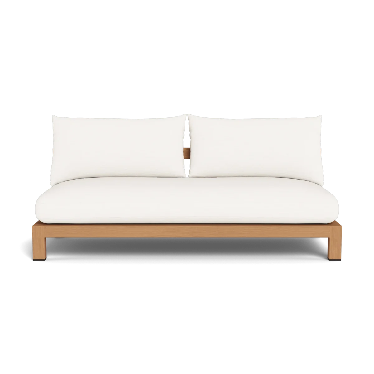 “Close-up of cushion detail on Pacific Teak armless 2 seat sofa – all-weather outdoor fabric”