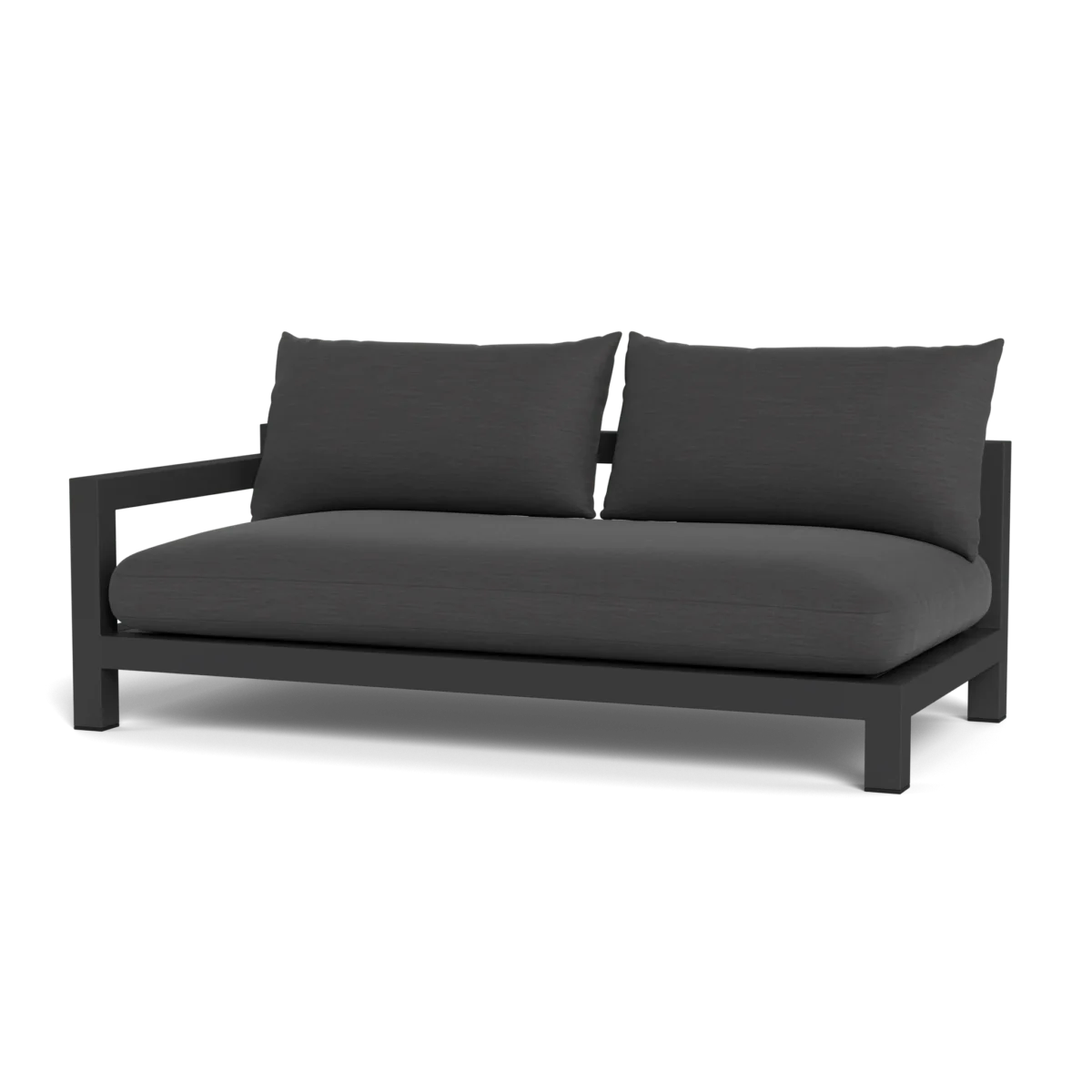 “Angled shot of Pacific Aluminum Sofa – clean lines and upholstered seat for patio or terrace”