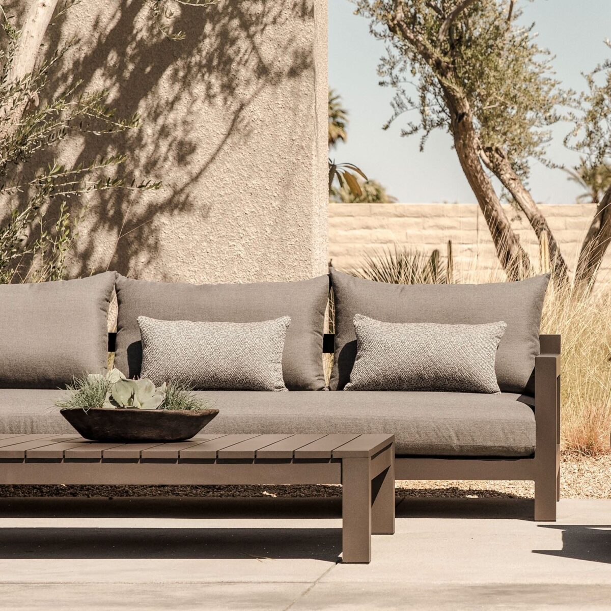 “Back view of Harbour Pacific Aluminum Sofa – low-profile three-seater with minimalist outdoor design”