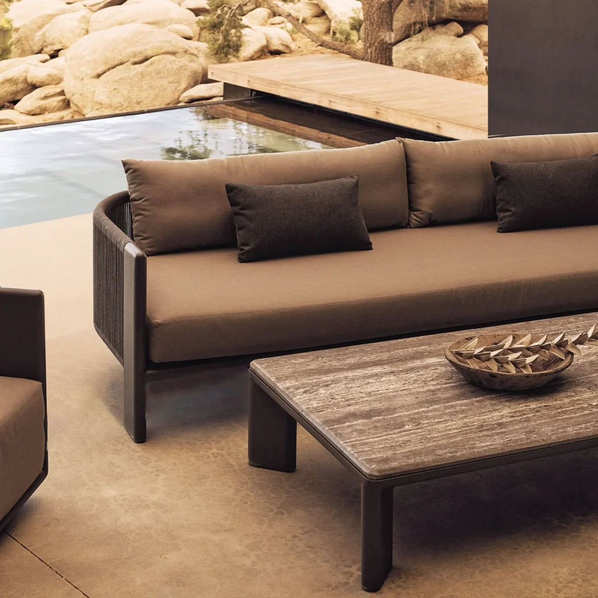 “Contemporary 3-seat aluminum sofa from Harbour’s Palm Beach collection – minimalist coastal design”