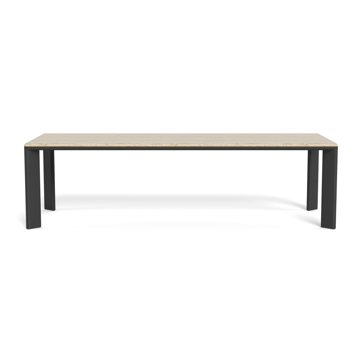 “Close-up of Palm Beach aluminum table – durable slatted top and architectural base design”