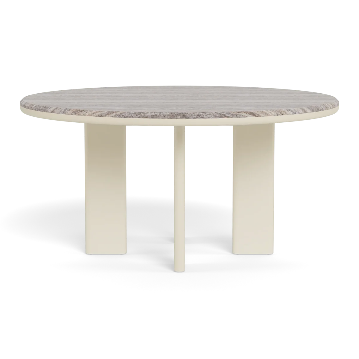 “Top view of Palm Beach 60” round dining table – powder-coated aluminum with sleek, slatted tabletop”