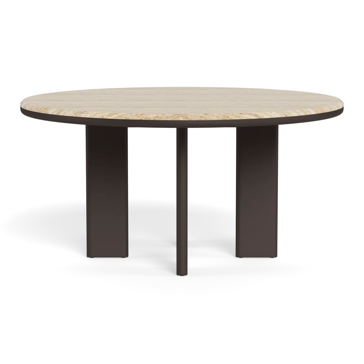 “Close-up of Palm Beach round aluminum dining table – durable construction with sculptural base”