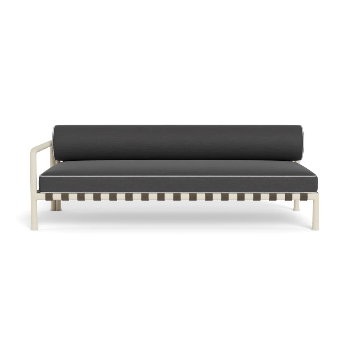 “Angled view of Parker 2 Seater with left arm – modular lounge seating in soft neutral fabric”
