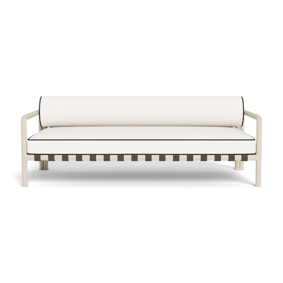 “Side profile of Parker outdoor loveseat – stylish, durable aluminum frame with thick cushions”