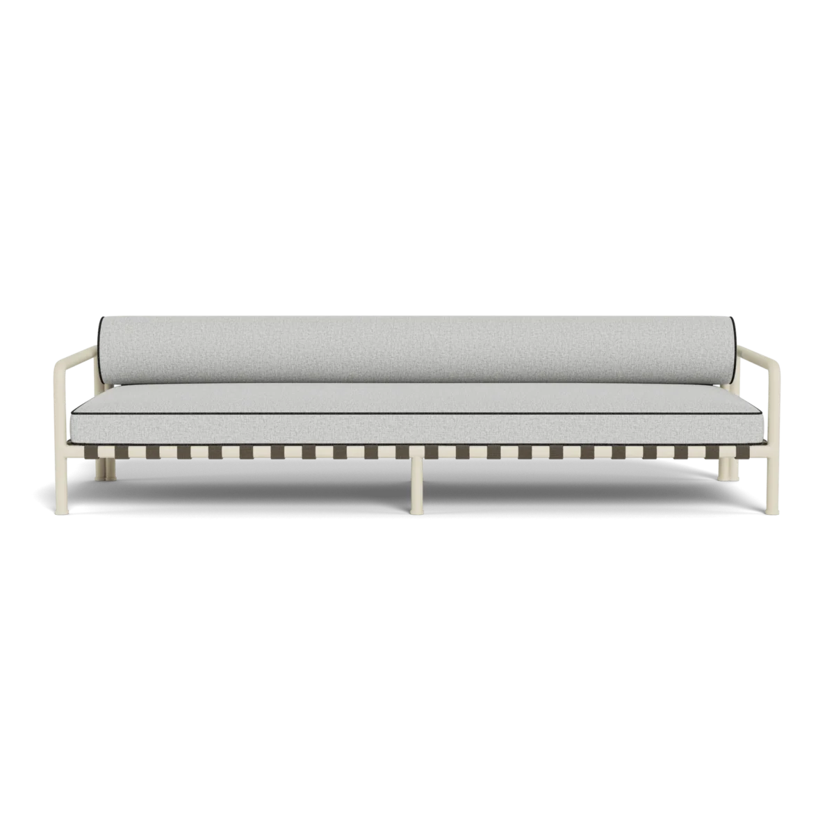 “Side profile of Parker outdoor sofa – wide aluminum arms and performance cushions by Harbour”