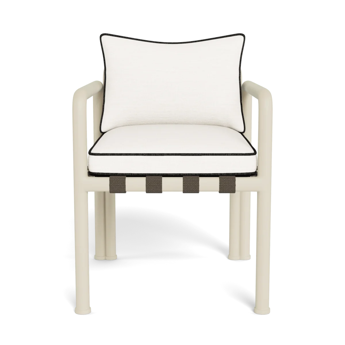 “Parker chair by Harbour – minimalist outdoor dining chair with soft cushions and sculptural form”