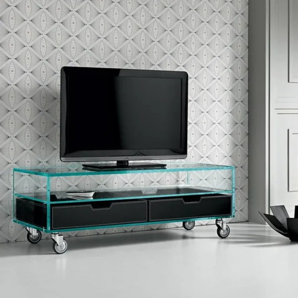 Tonelli Design Low Table Low Chest of Drawers with transparent glass and Canaletto walnut drawers, displayed in Royal Oak, Michigan.