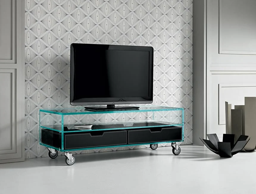 Tonelli Design Low Table Low Chest of Drawers with transparent glass and Canaletto walnut drawers, displayed in Royal Oak, Michigan.