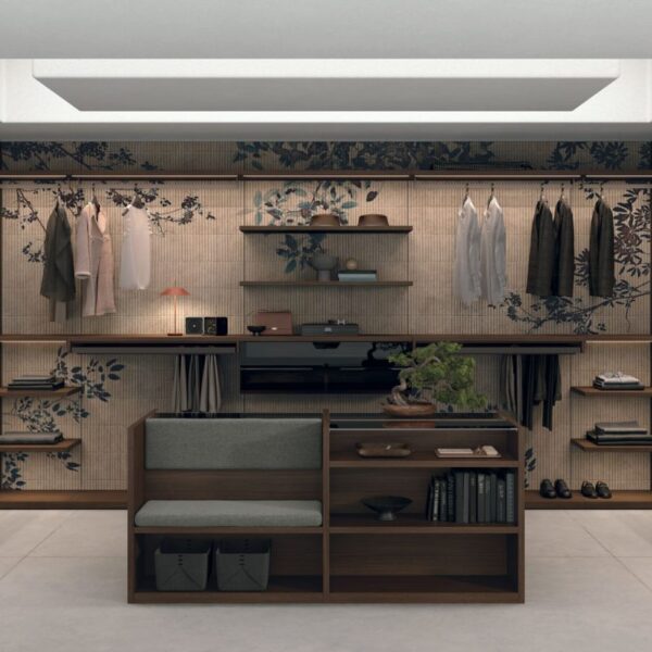 “Pratico Walk-in wardrobe by Tomasella – modern Italian open closet with streamlined shelving and storage”