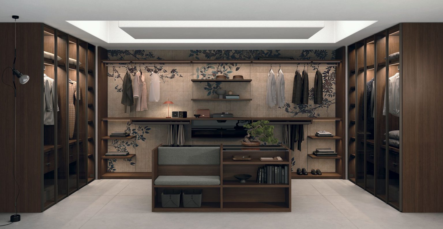 “Pratico Walk-in wardrobe by Tomasella – modern Italian open closet with streamlined shelving and storage”