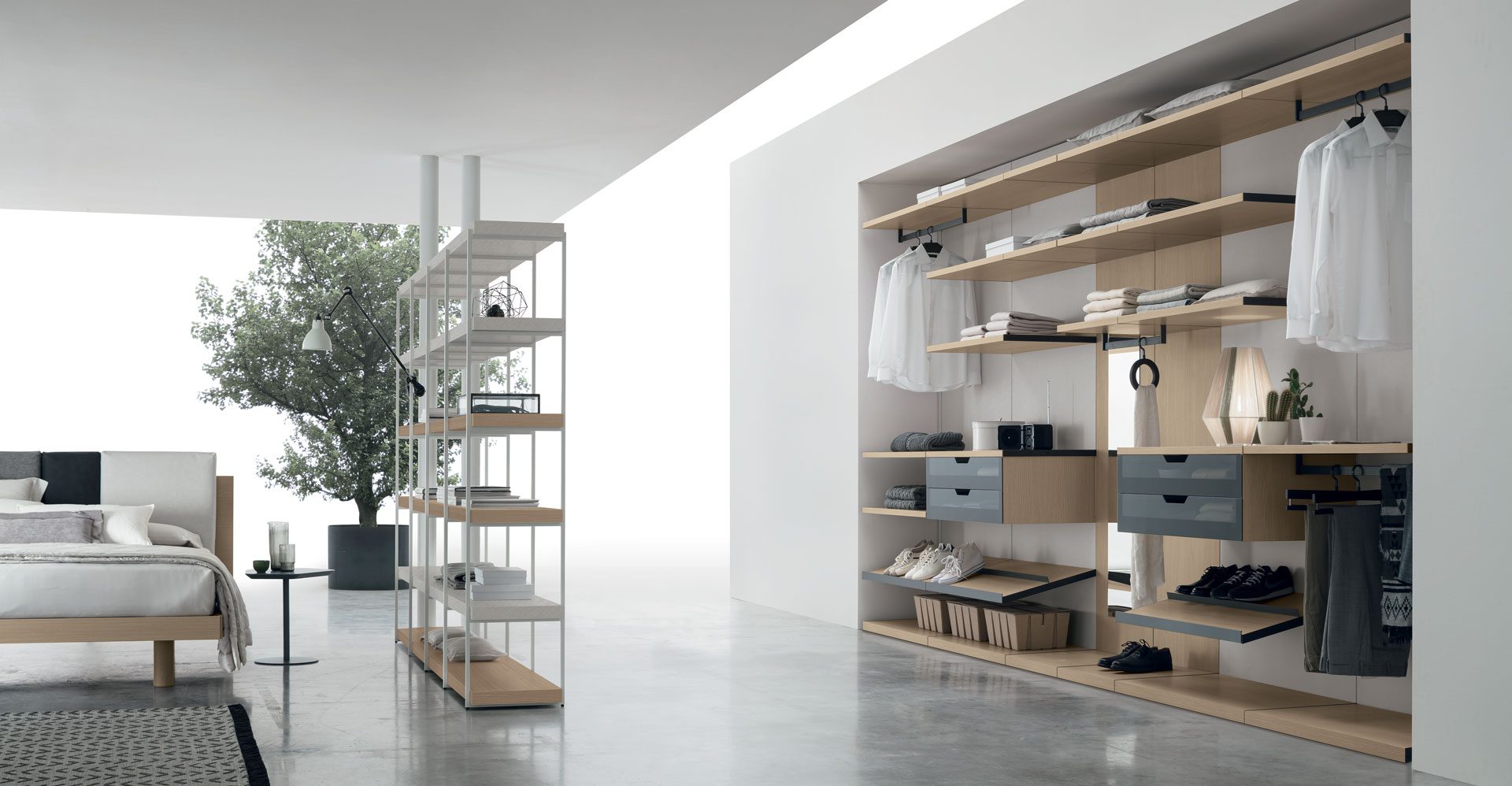 “Pratico Walk-in wardrobe by Tomasella – modern Italian modular closet with open shelving and drawer units”