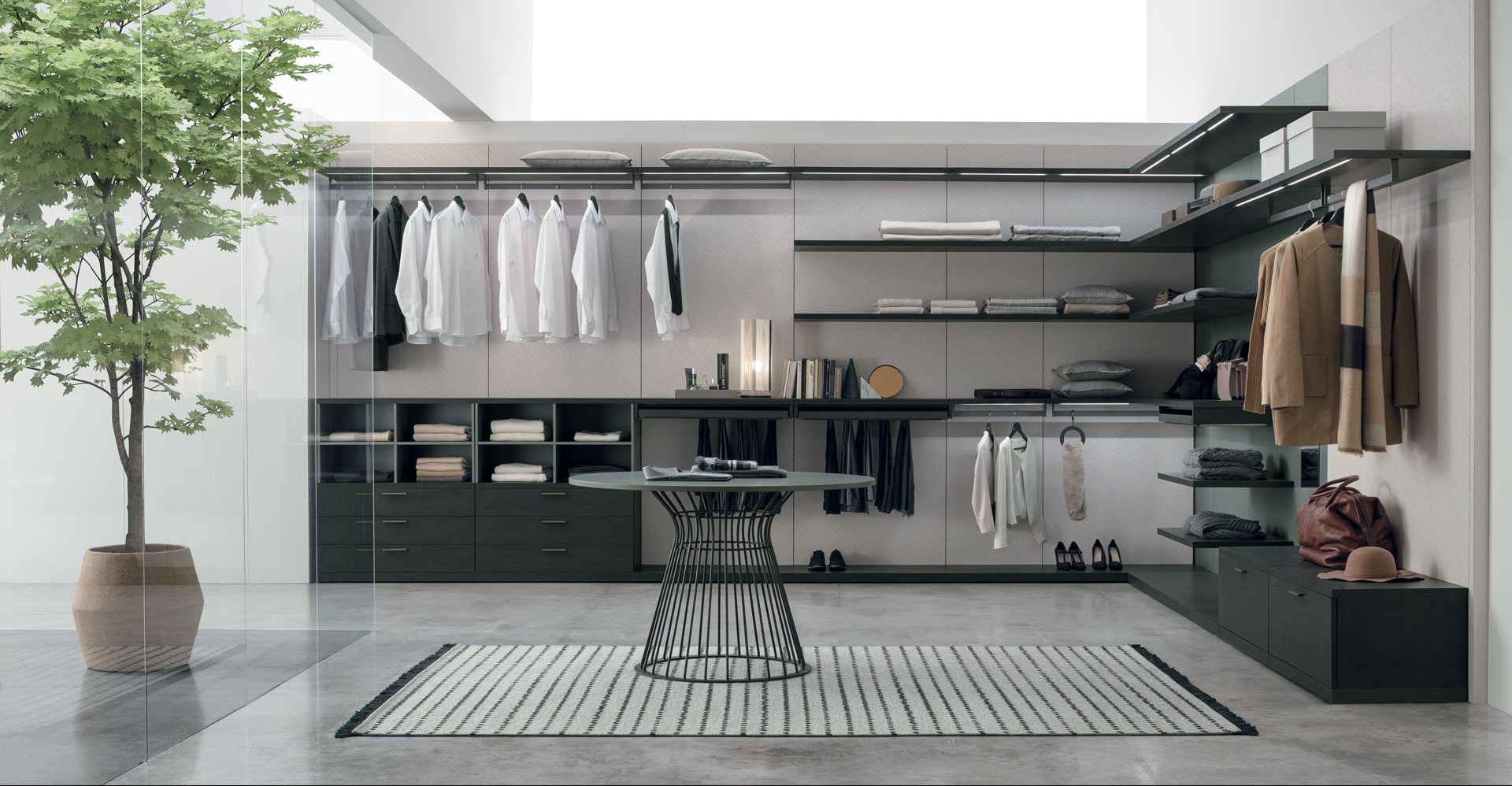 “Pratico Walk-in wardrobe by Tomasella – modern Italian open wardrobe with modular shelving and hanging space”