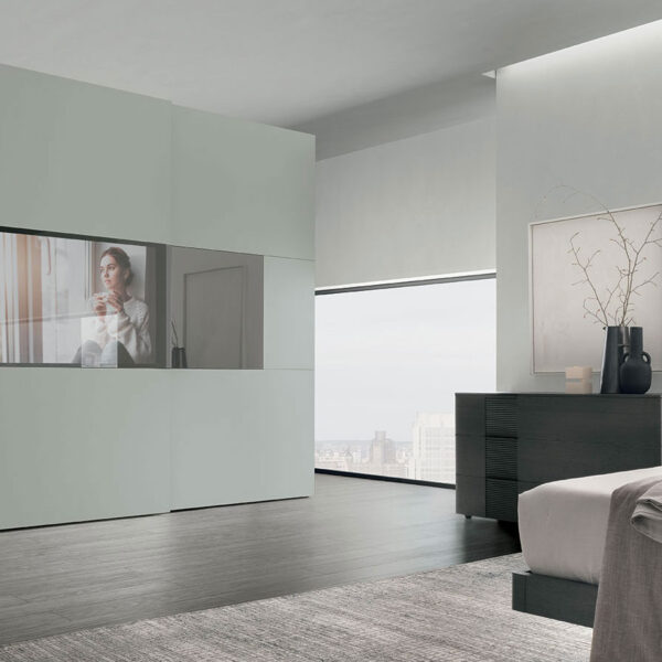 “Primafila Sliding wardrobe by Tomasella – modern Italian wardrobe with full-glass sliding doors and refined aluminum profiles”