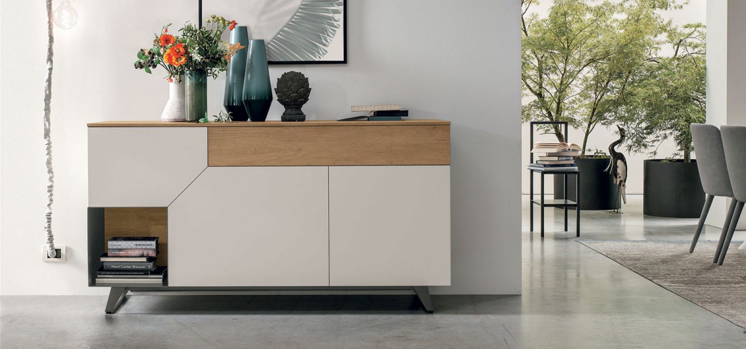 “Tomasella Remix collection – contemporary sideboard featuring layered geometric designs and elegant finishes”