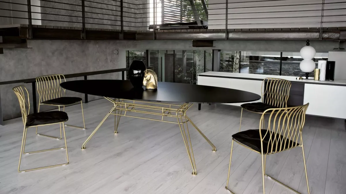 Sander dining table by Bontempi Casa featuring a sleek lacquered metal frame and SuperMarble top in Glossy Noir Desir finish.
