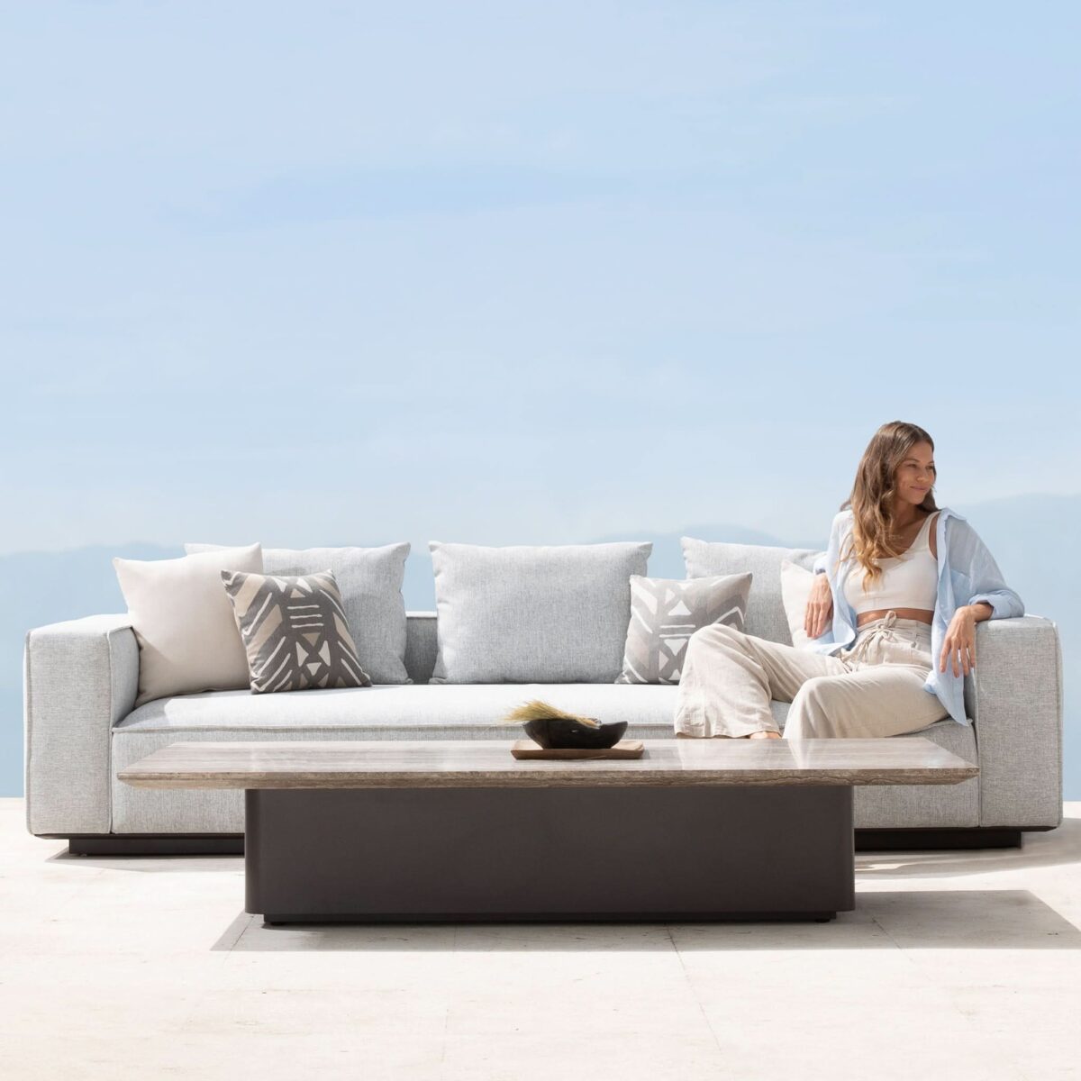  “Harbour Santorini Outdoor Sofa – clean-lined 3-seater with all-weather cushions and wide armrests”
