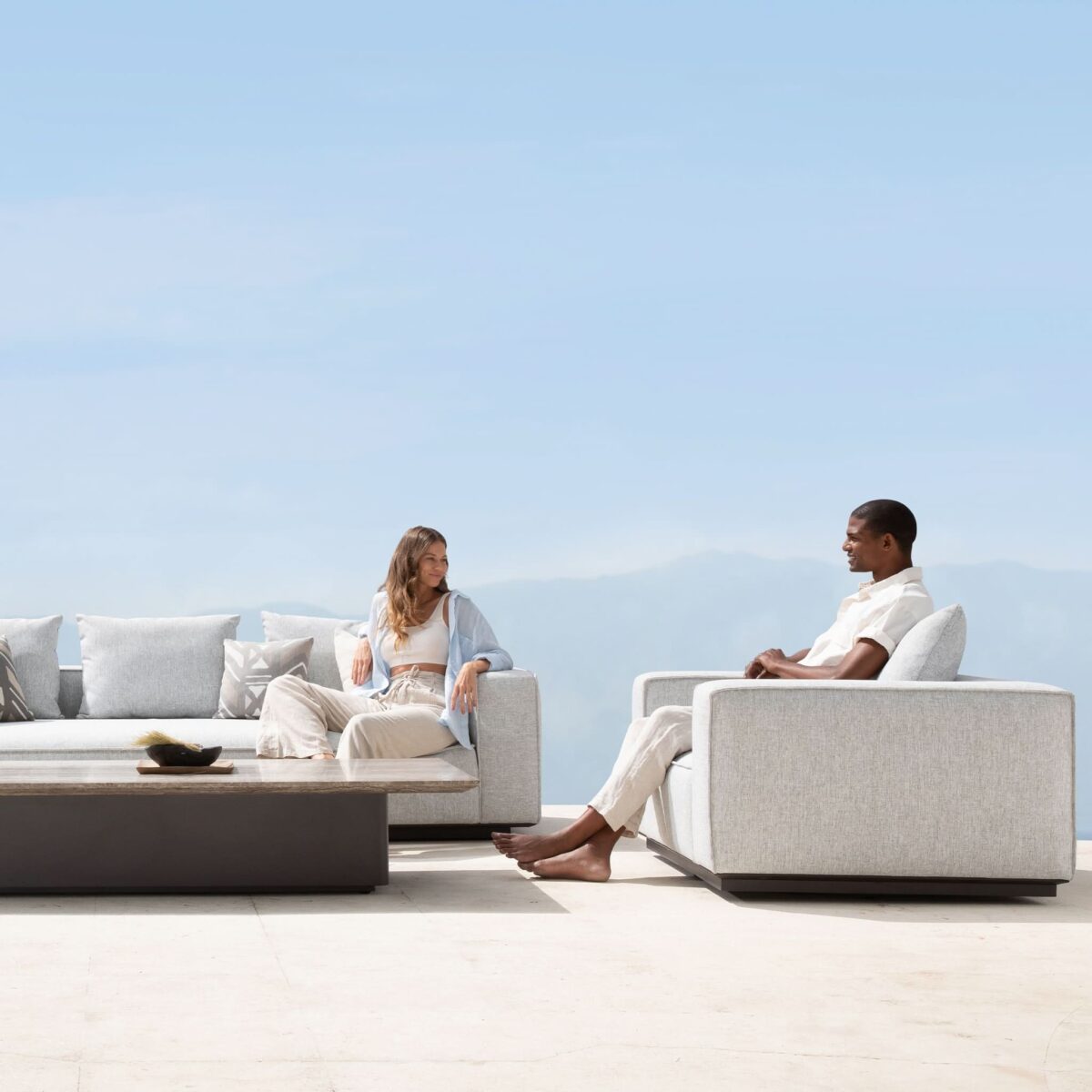 “Santorini Outdoor Chair – modern resort-inspired lounge with durable teak and soft fabric”
