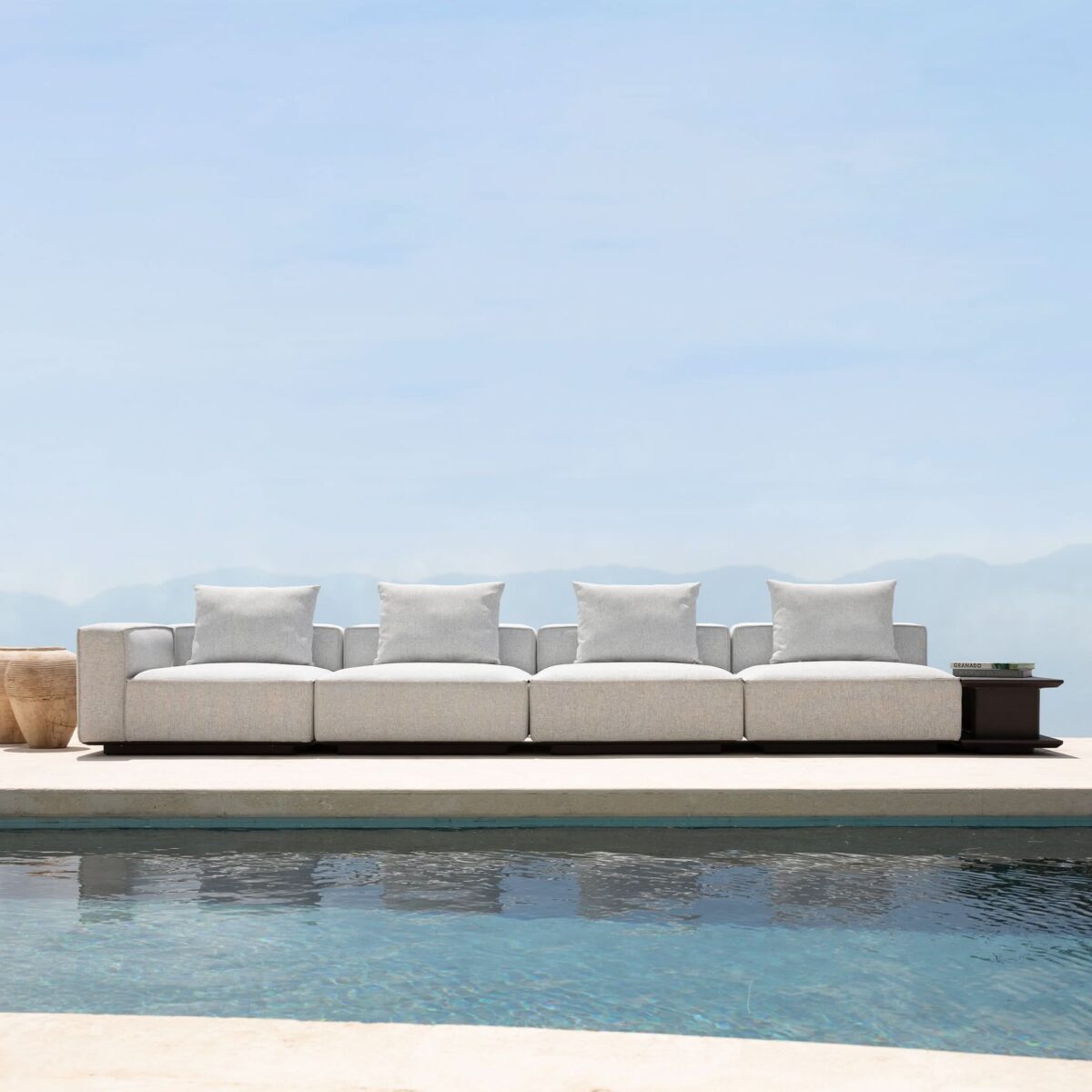 “Detail of cushion texture and frame finish – Santorini Short Return Left by Harbour in durable materials”