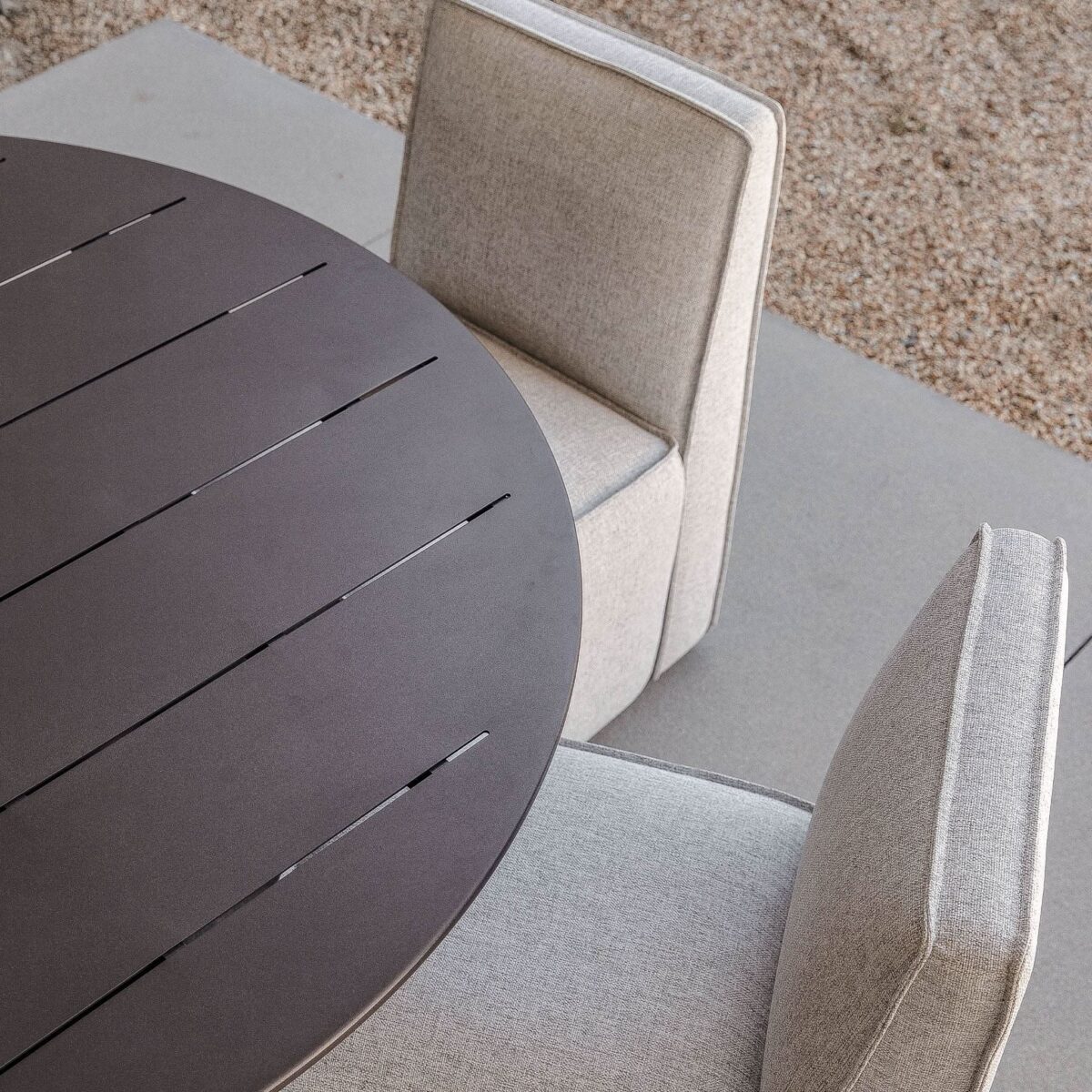 “Coastal-inspired round dining table by Harbour – Santorini 60” slatted top perfect for outdoor entertaining”
