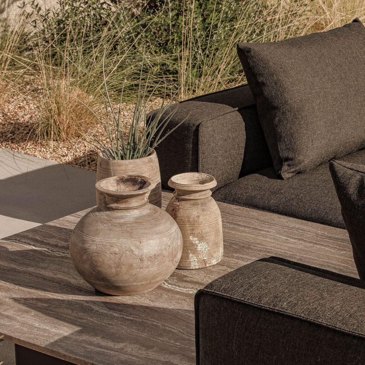“Close-up of Santorini Stone Square Side Table – elegant detailing and natural stone texture in a compact form”