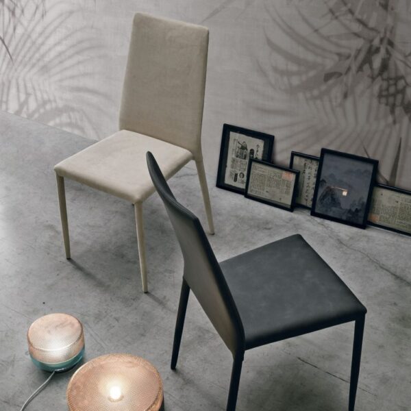 “Skinny chair by Tomasella – modern Italian dining chair with slender metal frame and minimalist upholstered seat”
