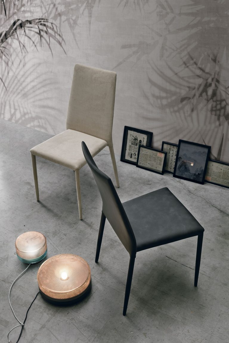 “Skinny chair by Tomasella – modern Italian dining chair with slender metal frame and minimalist upholstered seat”