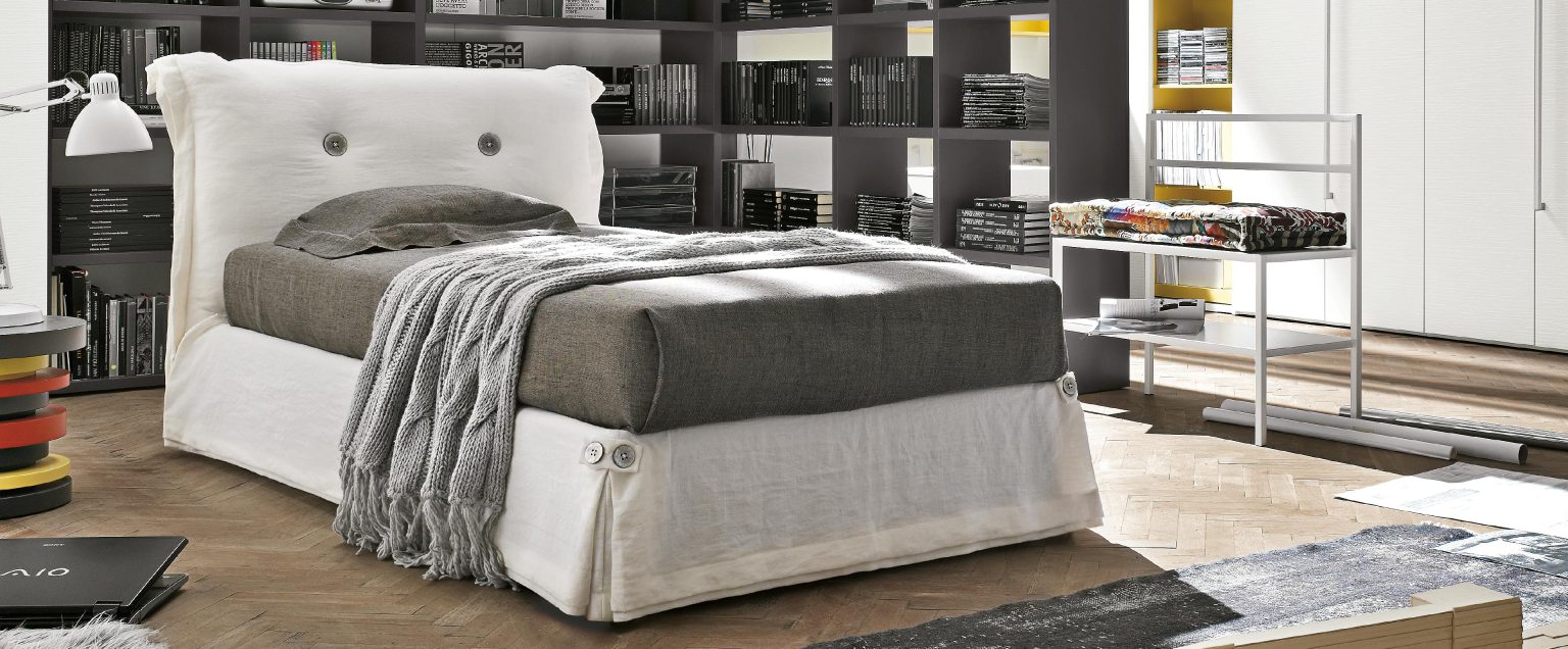 “Amami single bed by Tomasella – modern Italian youth bed with upholstered headboard and minimalist frame”