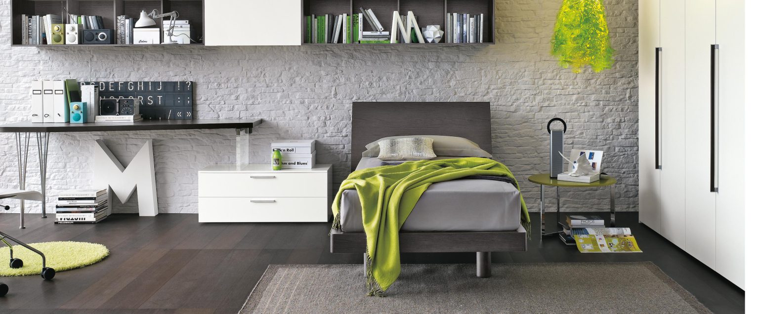 “Clio single bed by Tomasella – modern Italian kids’ bed with slim upholstered headboard and minimalist frame”