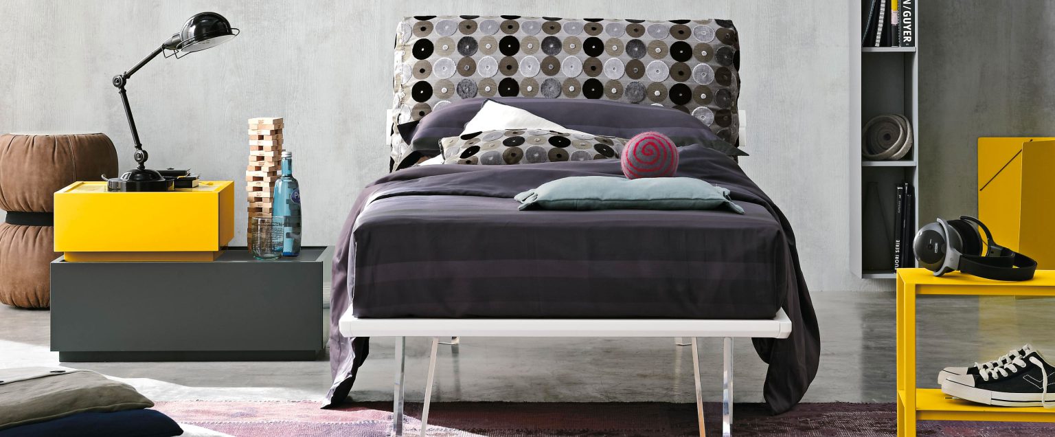 “Piuma single bed by Tomasella – modern Italian children’s bed with soft upholstered headboard and minimalist frame”