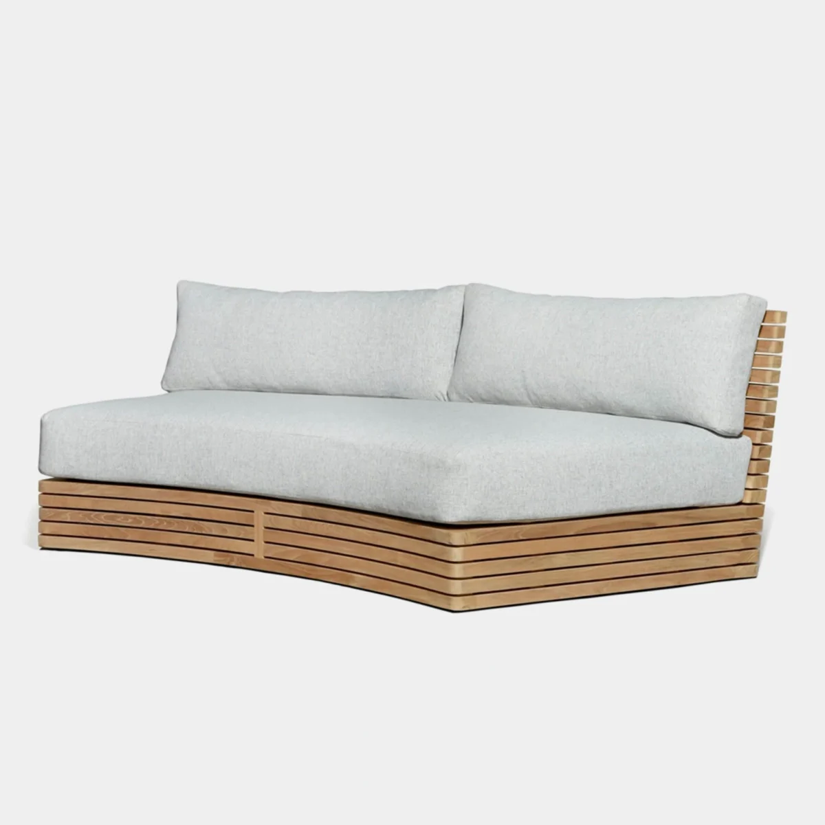 “Outdoor seating setup featuring Tahiti Curved 2 Seat Sofa – contemporary teak furniture”