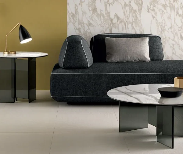 Metropolis Low Table by Tonelli Design with smoked glass base and Arabesque Calacatta ceramic top, displayed in Royal Oak, Michigan.