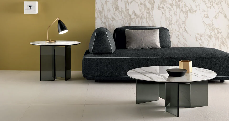 Metropolis Low Table by Tonelli Design with smoked glass base and Arabesque Calacatta ceramic top, displayed in Royal Oak, Michigan.