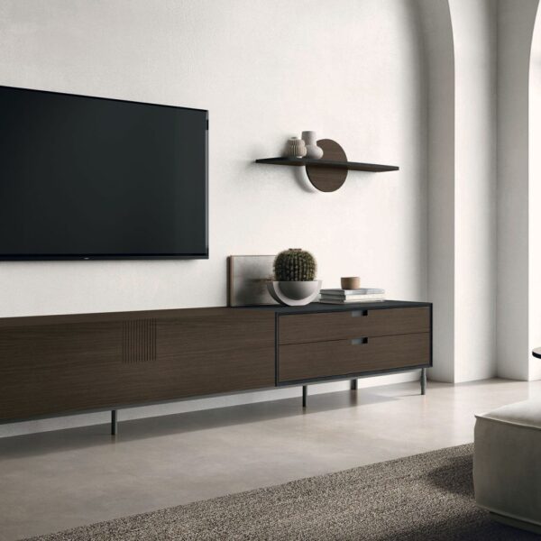 “Tomasella TIME UNIT_TI 130 – contemporary modular living room unit combining open shelves, media storage, and minimalist design”