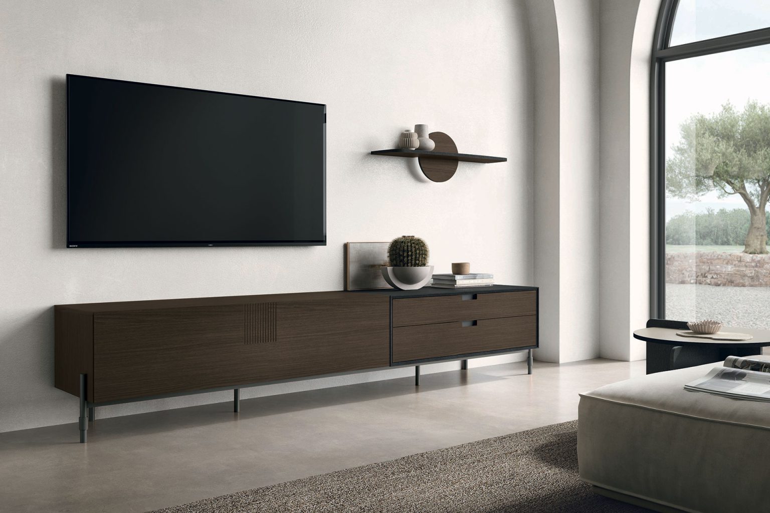 “Tomasella TIME UNIT_TI 130 – contemporary modular living room unit combining open shelves, media storage, and minimalist design”
