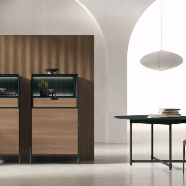 “TIME UNIT_TI 132 by Tomasella – modern Italian wall unit with asymmetrical shelving and minimalist closed storage for contemporary living spaces”