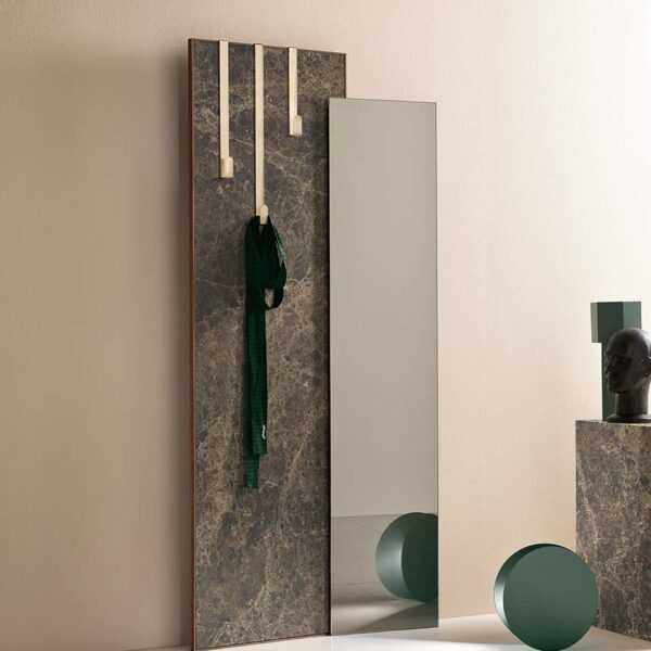 "Modern Italian wall-mounted coat rack Welcome by Tonelli Design, featuring a full-length mirror and ceramic panel with Canaletto walnut frame, available in Royal Oak, Michigan."