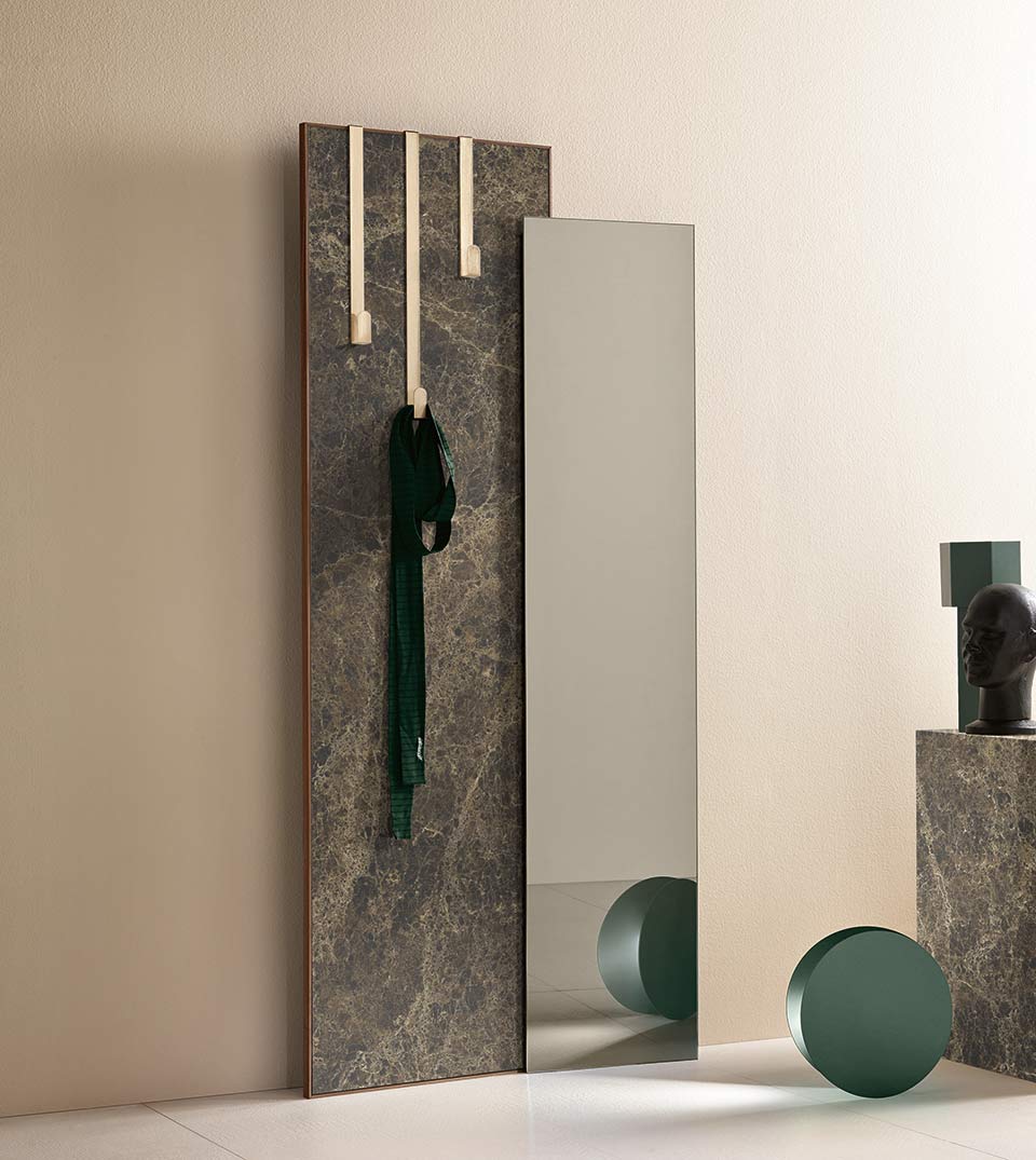 "Modern Italian wall-mounted coat rack Welcome by Tonelli Design, featuring a full-length mirror and ceramic panel with Canaletto walnut frame, available in Royal Oak, Michigan."