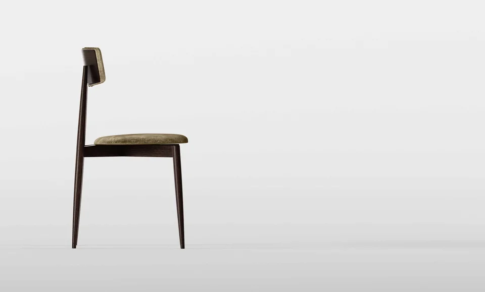 Modern Italian dining chair AW by Tonelli Design, featuring solid ash wood frame with turned legs, upholstered seat and curved backrest with cordon stitching, available in Royal Oak, Michigan.