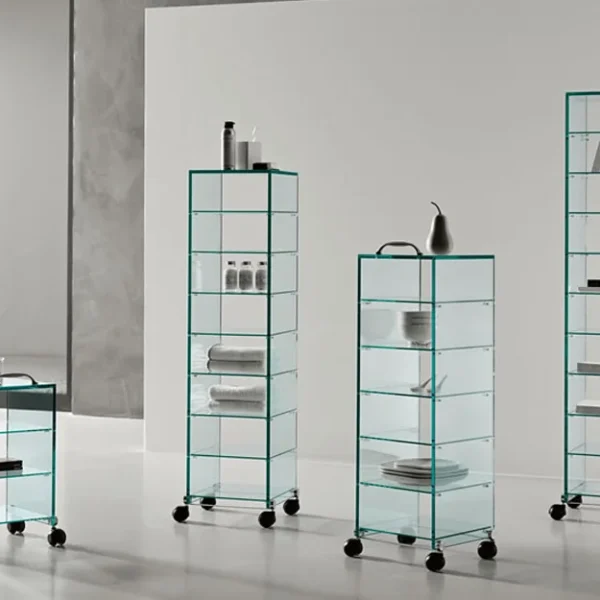 Modern Italian glass trolley Dappertutto by Tonelli Design, featuring modular shelves and castors for mobility, available in Royal Oak, Michigan.
