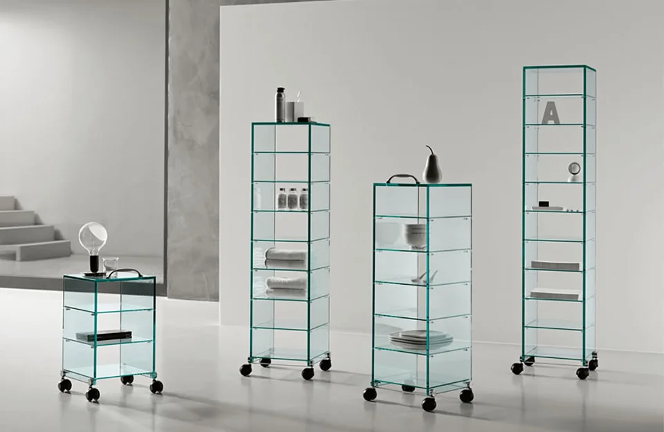 Modern Italian glass trolley Dappertutto by Tonelli Design, featuring modular shelves and castors for mobility, available in Royal Oak, Michigan.