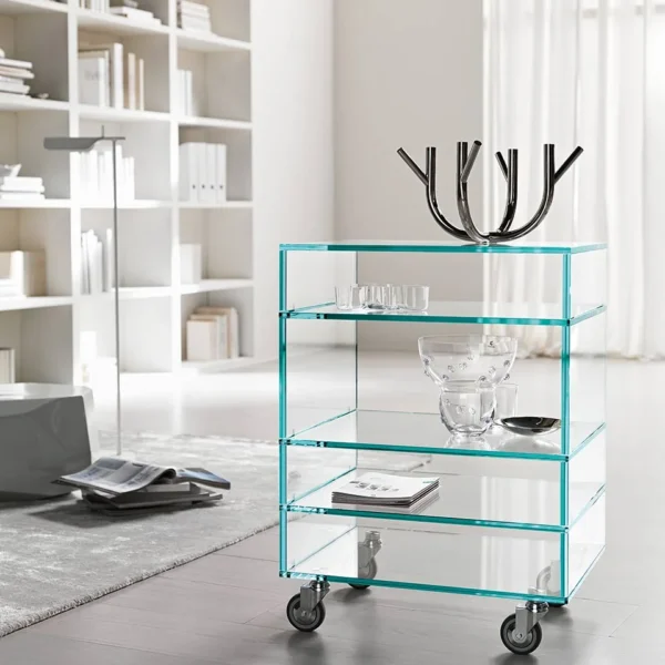 Modern Italian glass trolley Grattacielo by Tonelli Design, featuring transparent or extra-clear glass with optional drawers, available in Royal Oak, Michigan.