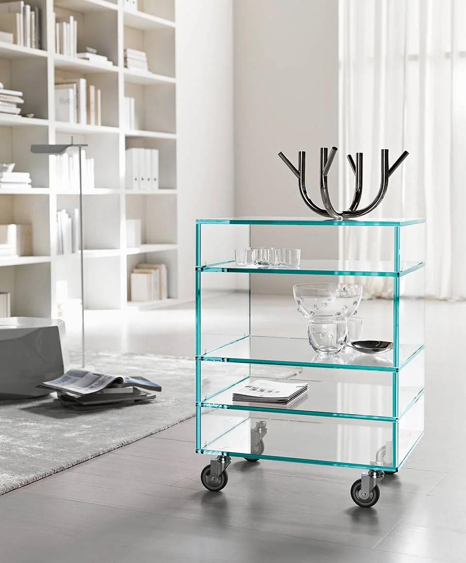 Modern Italian glass trolley Grattacielo by Tonelli Design, featuring transparent or extra-clear glass with optional drawers, available in Royal Oak, Michigan.